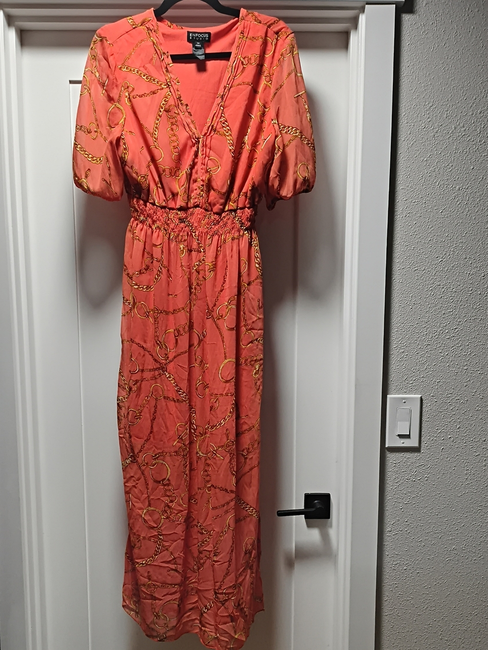 Enfocus Studio Coral Chain-Print Maxi Dress with Puff Sleeves